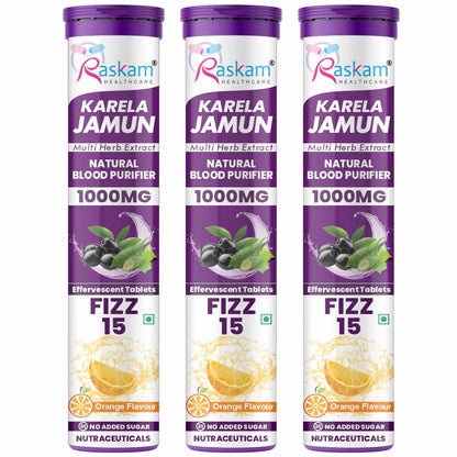 Raskam Karela Jamun with Multi Herb Extract Effervescent Tablets | Helps in High Sugar Condition | Promotes Healthy Glucose Metabolism | Diabetes Management  | Boosts Digestive Health | Tangy Orange Flavor 15 Fizz Tablets