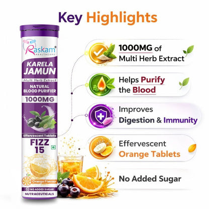 Raskam Karela Jamun with Multi Herb Extract Effervescent Tablets | Helps in High Sugar Condition | Promotes Healthy Glucose Metabolism | Diabetes Management  | Boosts Digestive Health | Tangy Orange Flavor 15 Fizz Tablets