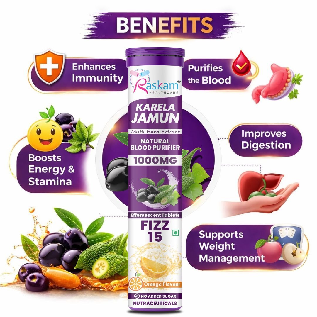 Raskam Karela Jamun with Multi Herb Extract Effervescent Tablets | Helps in High Sugar Condition | Promotes Healthy Glucose Metabolism | Diabetes Management  | Boosts Digestive Health | Tangy Orange Flavor 15 Fizz Tablets