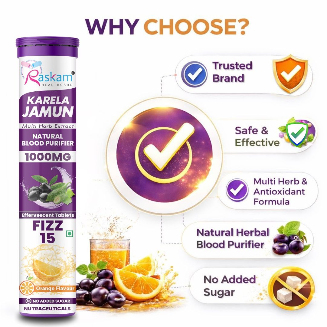 Raskam Karela Jamun with Multi Herb Extract Effervescent Tablets | Helps in High Sugar Condition | Promotes Healthy Glucose Metabolism | Diabetes Management  | Boosts Digestive Health | Tangy Orange Flavor 15 Fizz Tablets