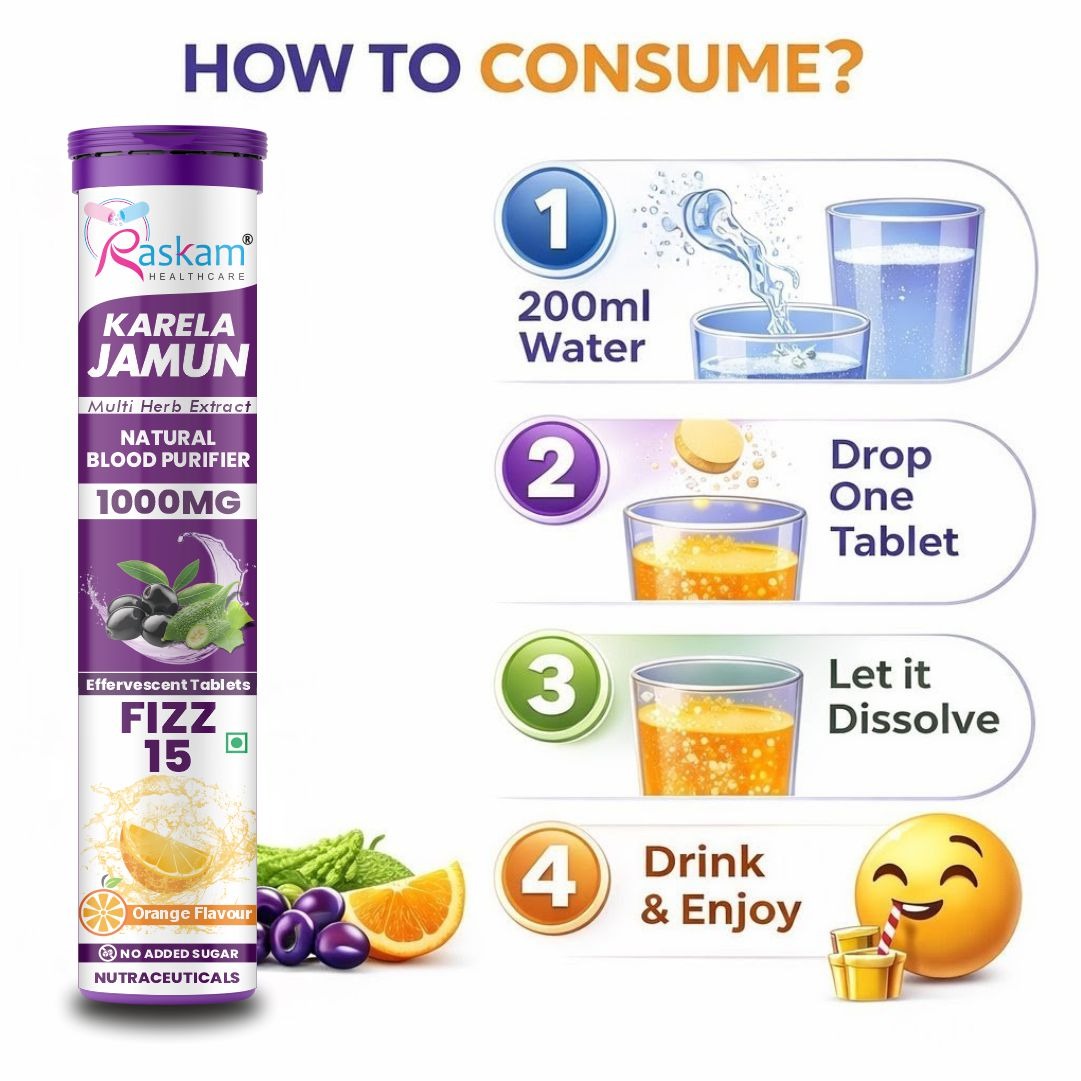 Raskam Karela Jamun with Multi Herb Extract Effervescent Tablets | Helps in High Sugar Condition | Promotes Healthy Glucose Metabolism | Diabetes Management  | Boosts Digestive Health | Tangy Orange Flavor 15 Fizz Tablets