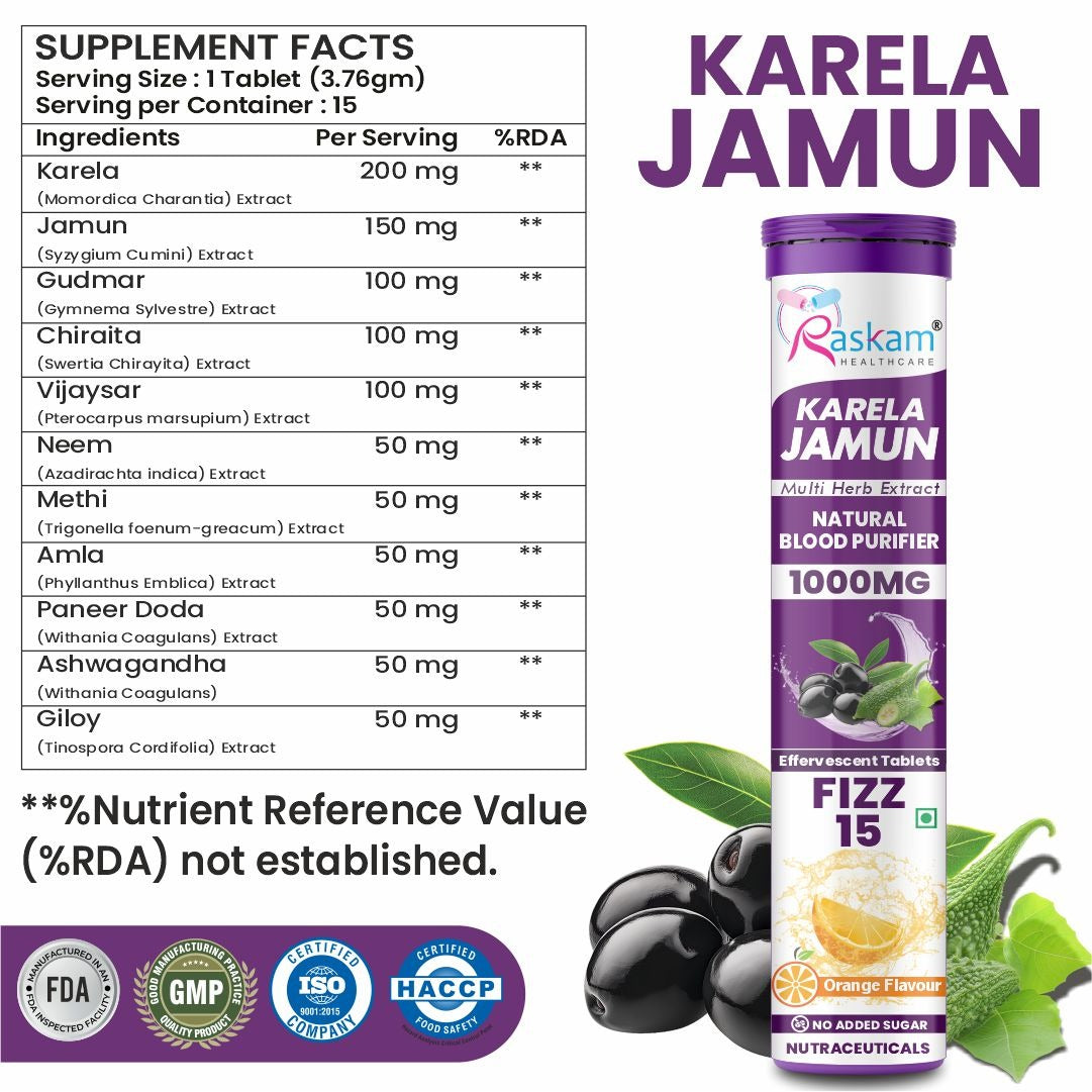 Raskam Karela Jamun with Multi Herb Extract Effervescent Tablets | Helps in High Sugar Condition | Promotes Healthy Glucose Metabolism | Diabetes Management  | Boosts Digestive Health | Tangy Orange Flavor 15 Fizz Tablets