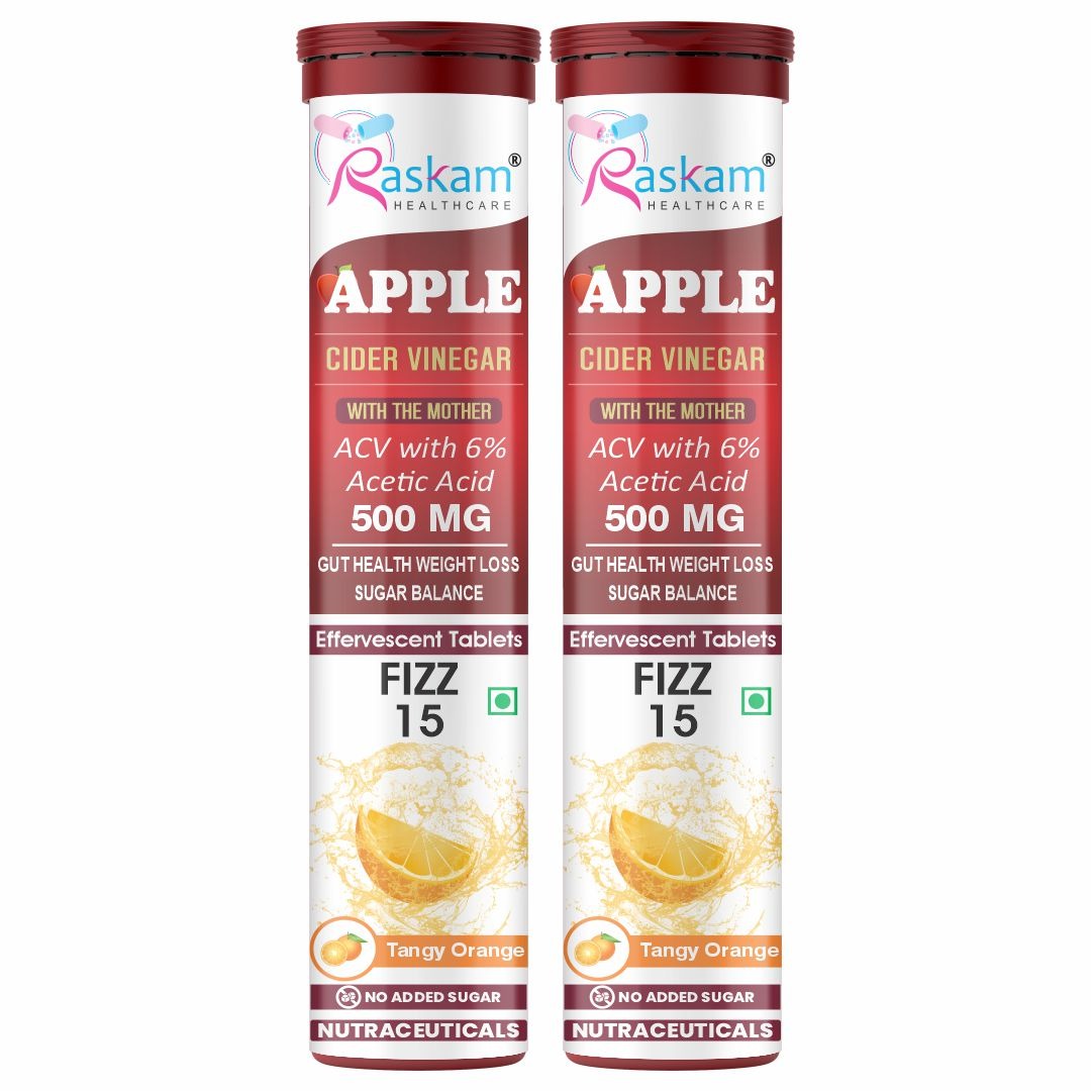 Raskam Apple Cider Vinegar Effervescent Tablets | ACV for Digestion, Gut Health, Metabolism & Weight Management | No Added Sugar | Zesty Orange Flavor | 15 Fizz Tablets (500mg)