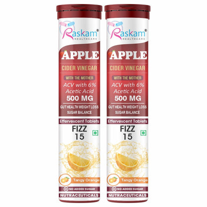 Raskam Apple Cider Vinegar Effervescent Tablets | ACV for Digestion, Gut Health, Metabolism & Weight Management | No Added Sugar | Zesty Orange Flavor | 15 Fizz Tablets (500mg)