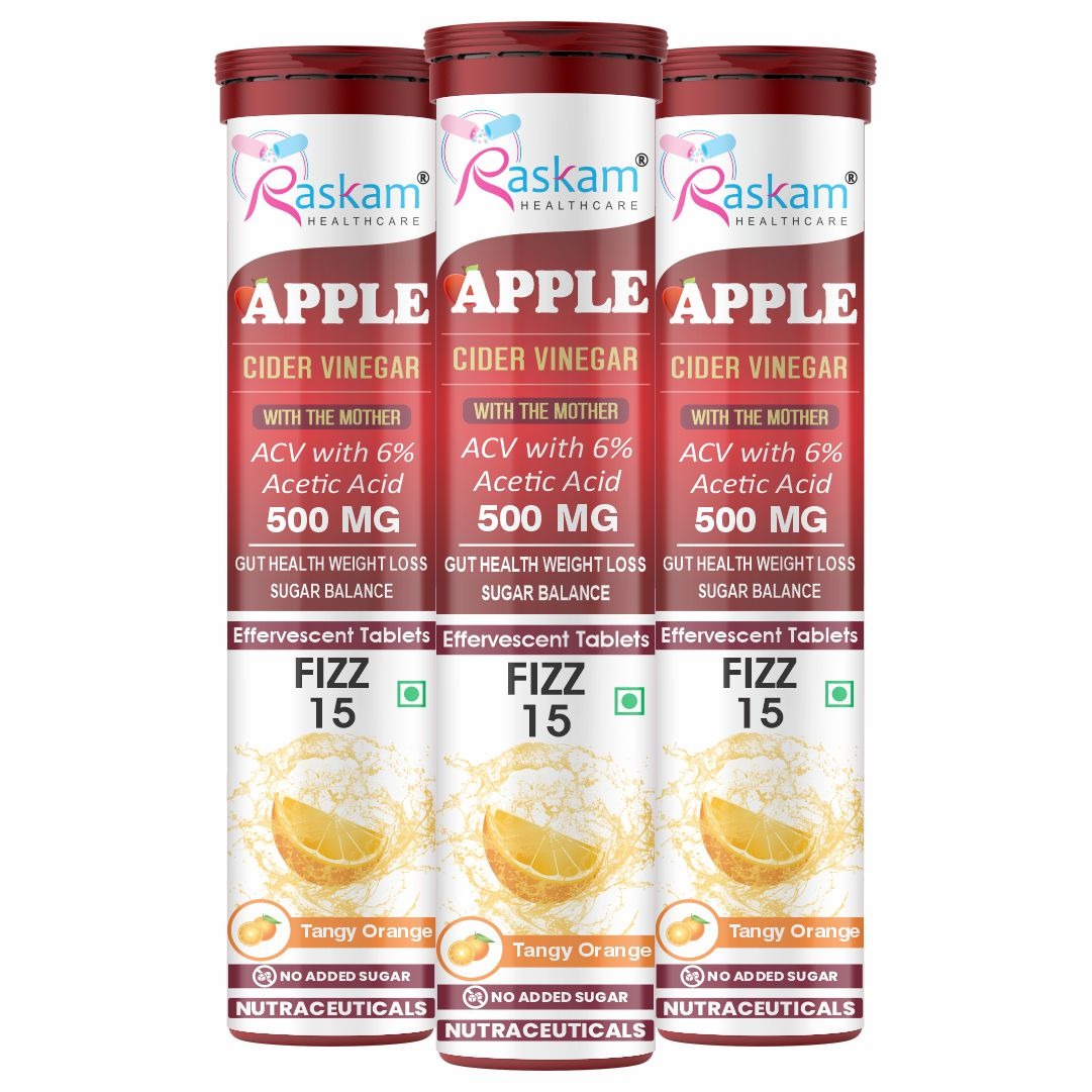 Raskam Apple Cider Vinegar Effervescent Tablets | ACV for Digestion, Gut Health, Metabolism & Weight Management | No Added Sugar | Zesty Orange Flavor | 15 Fizz Tablets (500mg)