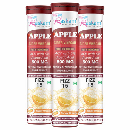 Raskam Apple Cider Vinegar Effervescent Tablets | ACV for Digestion, Gut Health, Metabolism & Weight Management | No Added Sugar | Zesty Orange Flavor | 15 Fizz Tablets (500mg)