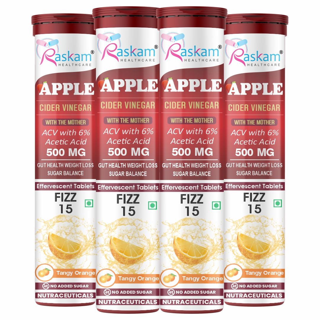 Raskam Apple Cider Vinegar Effervescent Tablets | ACV for Digestion, Gut Health, Metabolism & Weight Management | No Added Sugar | Zesty Orange Flavor | 15 Fizz Tablets (500mg)
