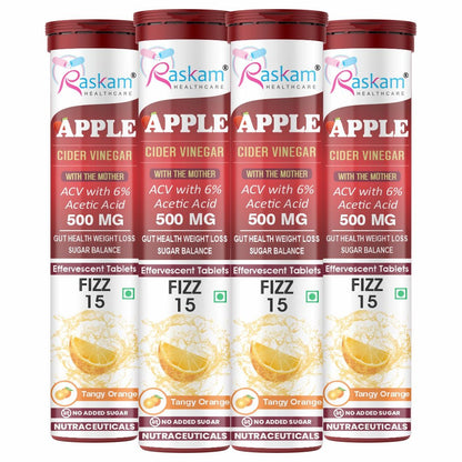 Raskam Apple Cider Vinegar Effervescent Tablets | ACV for Digestion, Gut Health, Metabolism & Weight Management | No Added Sugar | Zesty Orange Flavor | 15 Fizz Tablets (500mg)