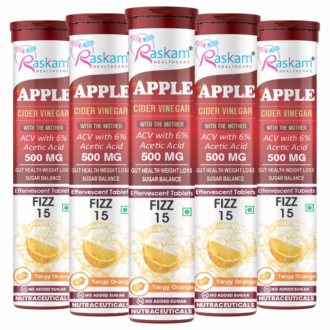 Raskam Apple Cider Vinegar Effervescent Tablets | ACV for Digestion, Gut Health, Metabolism & Weight Management | No Added Sugar | Zesty Orange Flavor | 15 Fizz Tablets (500mg)