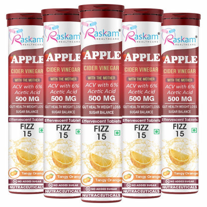 Raskam Apple Cider Vinegar Effervescent Tablets | ACV for Digestion, Gut Health, Metabolism & Weight Management | No Added Sugar | Zesty Orange Flavor | 15 Fizz Tablets (500mg)
