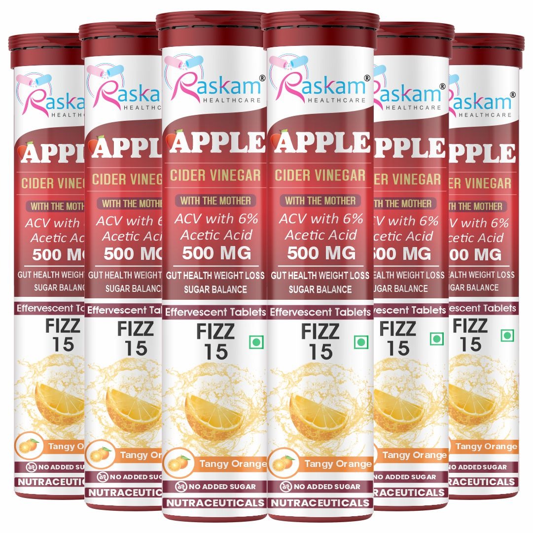 Raskam Apple Cider Vinegar Effervescent Tablets | ACV for Digestion, Gut Health, Metabolism & Weight Management | No Added Sugar | Zesty Orange Flavor | 15 Fizz Tablets (500mg)