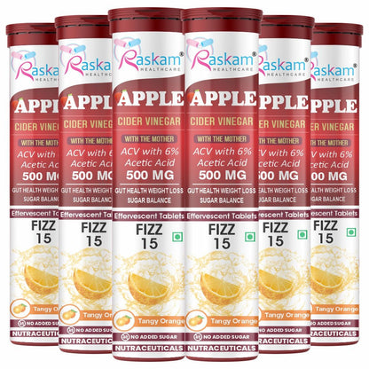 Raskam Apple Cider Vinegar Effervescent Tablets | ACV for Digestion, Gut Health, Metabolism & Weight Management | No Added Sugar | Zesty Orange Flavor | 15 Fizz Tablets (500mg)