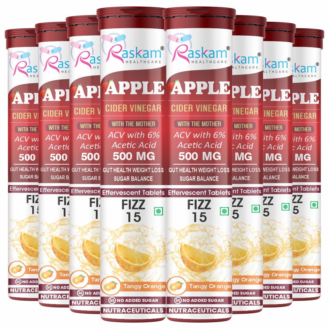 Raskam Apple Cider Vinegar Effervescent Tablets | ACV for Digestion, Gut Health, Metabolism & Weight Management | No Added Sugar | Zesty Orange Flavor | 15 Fizz Tablets (500mg)