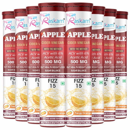 Raskam Apple Cider Vinegar Effervescent Tablets | ACV for Digestion, Gut Health, Metabolism & Weight Management | No Added Sugar | Zesty Orange Flavor | 15 Fizz Tablets (500mg)