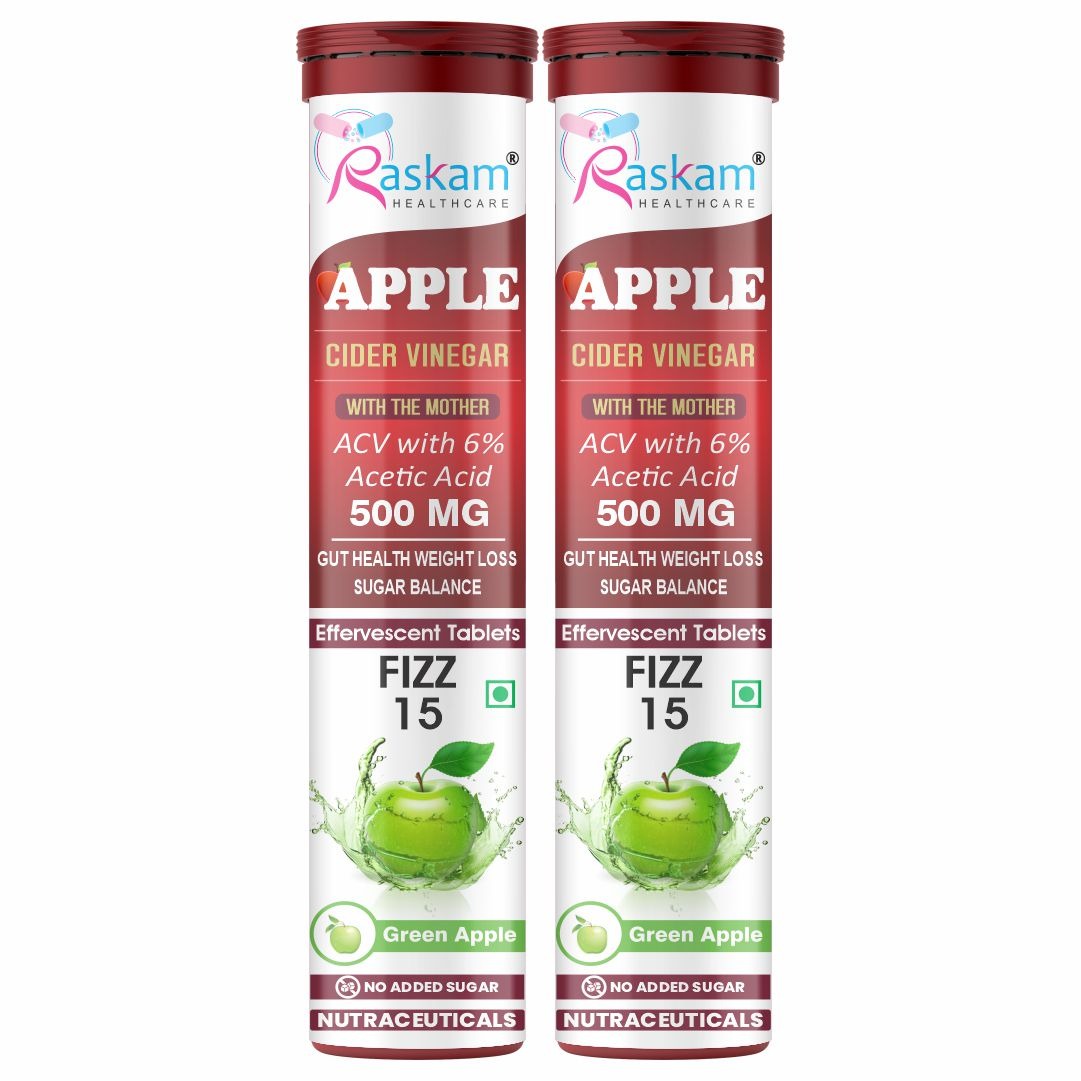 Raskam Apple Cider Vinegar Effervescent Tablets | ACV for Digestion, Gut Health, Metabolism & Weight Management | No Added Sugar | Green Apple Flavor | 15 Fizz Tablets (500mg)