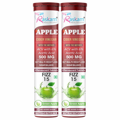 Raskam Apple Cider Vinegar Effervescent Tablets | ACV for Digestion, Gut Health, Metabolism & Weight Management | No Added Sugar | Green Apple Flavor | 15 Fizz Tablets (500mg)