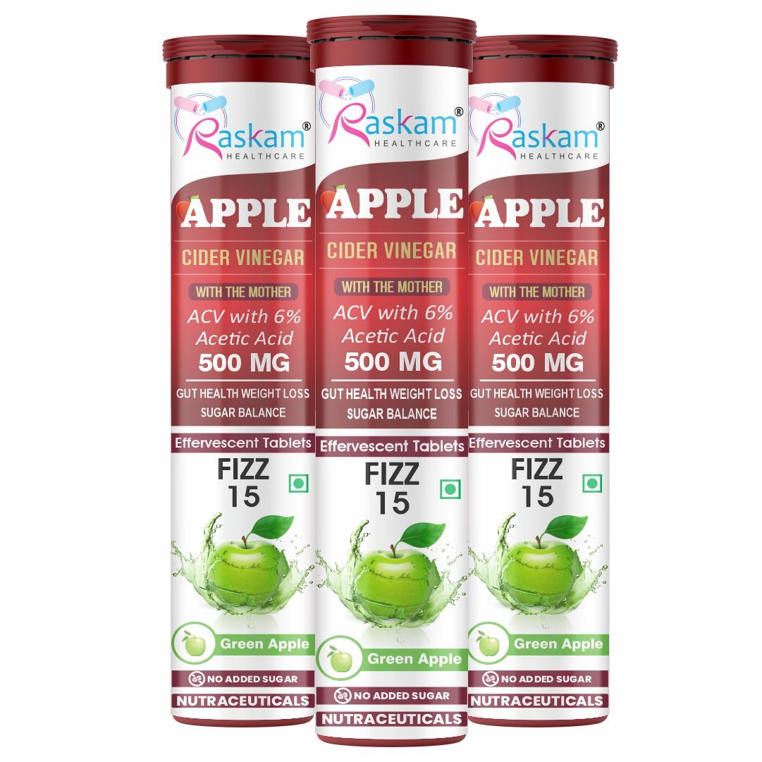 Raskam Apple Cider Vinegar Effervescent Tablets | ACV for Digestion, Gut Health, Metabolism & Weight Management | No Added Sugar | Green Apple Flavor | 15 Fizz Tablets (500mg)