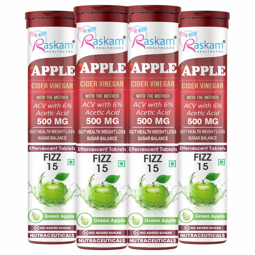 Raskam Apple Cider Vinegar Effervescent Tablets | ACV for Digestion, Gut Health, Metabolism & Weight Management | No Added Sugar | Green Apple Flavor | 15 Fizz Tablets (500mg)