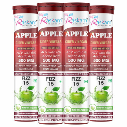 Raskam Apple Cider Vinegar Effervescent Tablets | ACV for Digestion, Gut Health, Metabolism & Weight Management | No Added Sugar | Green Apple Flavor | 15 Fizz Tablets (500mg)