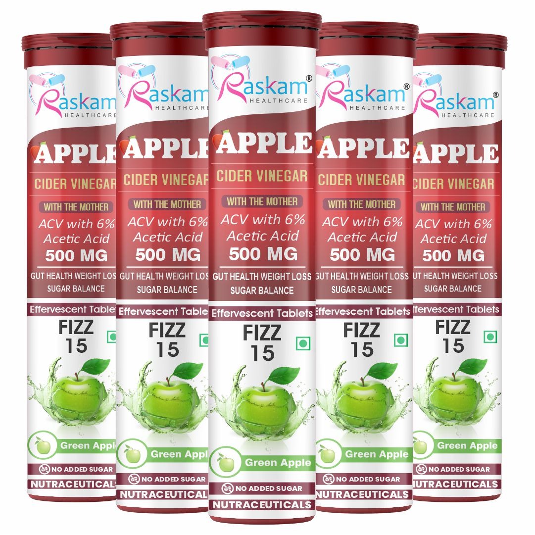 Raskam Apple Cider Vinegar Effervescent Tablets | ACV for Digestion, Gut Health, Metabolism & Weight Management | No Added Sugar | Green Apple Flavor | 15 Fizz Tablets (500mg)
