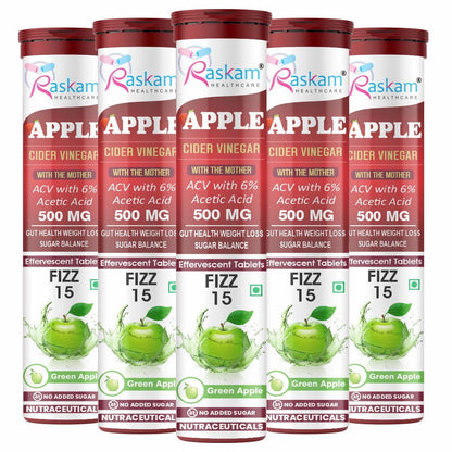 Raskam Apple Cider Vinegar Effervescent Tablets | ACV for Digestion, Gut Health, Metabolism & Weight Management | No Added Sugar | Green Apple Flavor | 15 Fizz Tablets (500mg)
