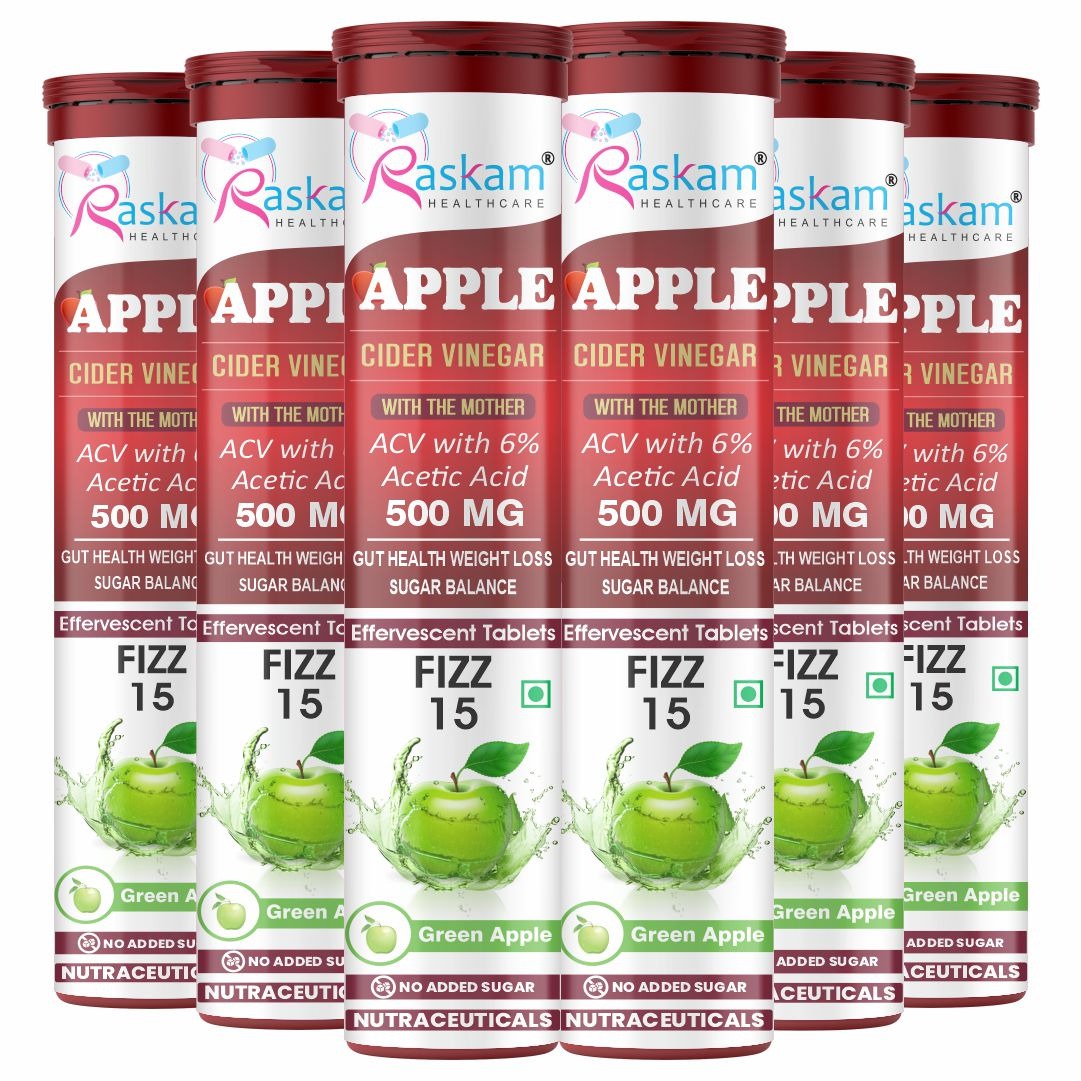Raskam Apple Cider Vinegar Effervescent Tablets | ACV for Digestion, Gut Health, Metabolism & Weight Management | No Added Sugar | Green Apple Flavor | 15 Fizz Tablets (500mg)