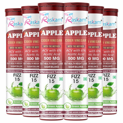 Raskam Apple Cider Vinegar Effervescent Tablets | ACV for Digestion, Gut Health, Metabolism & Weight Management | No Added Sugar | Green Apple Flavor | 15 Fizz Tablets (500mg)