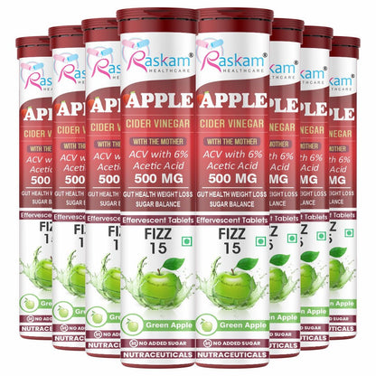 Raskam Apple Cider Vinegar Effervescent Tablets | ACV for Digestion, Gut Health, Metabolism & Weight Management | No Added Sugar | Green Apple Flavor | 15 Fizz Tablets (500mg)
