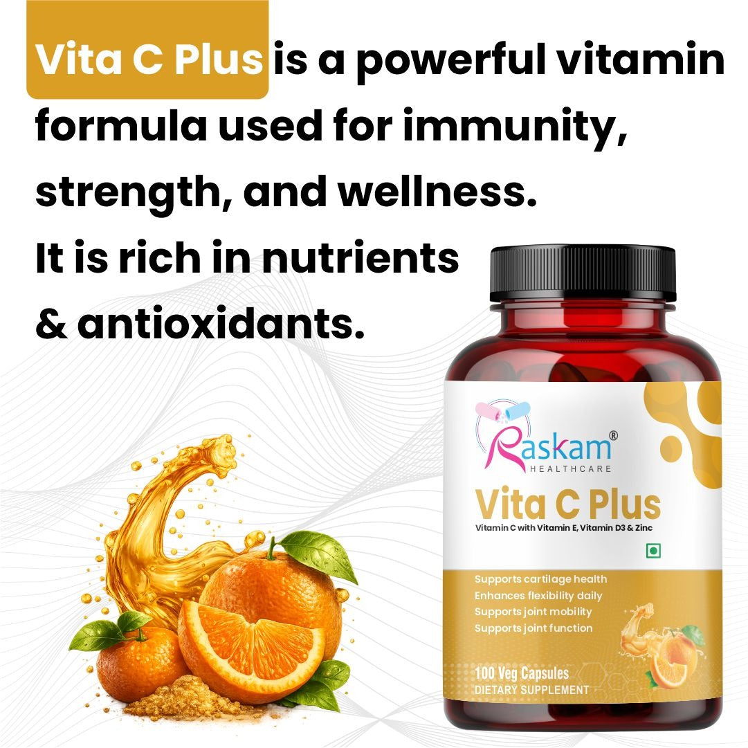 Raskam Vita C Plus - 100 Capsules - Antioxidant & Immune Support - Overall Health - Skin Anti-Ageing -Supports Healthy Skin & Joints