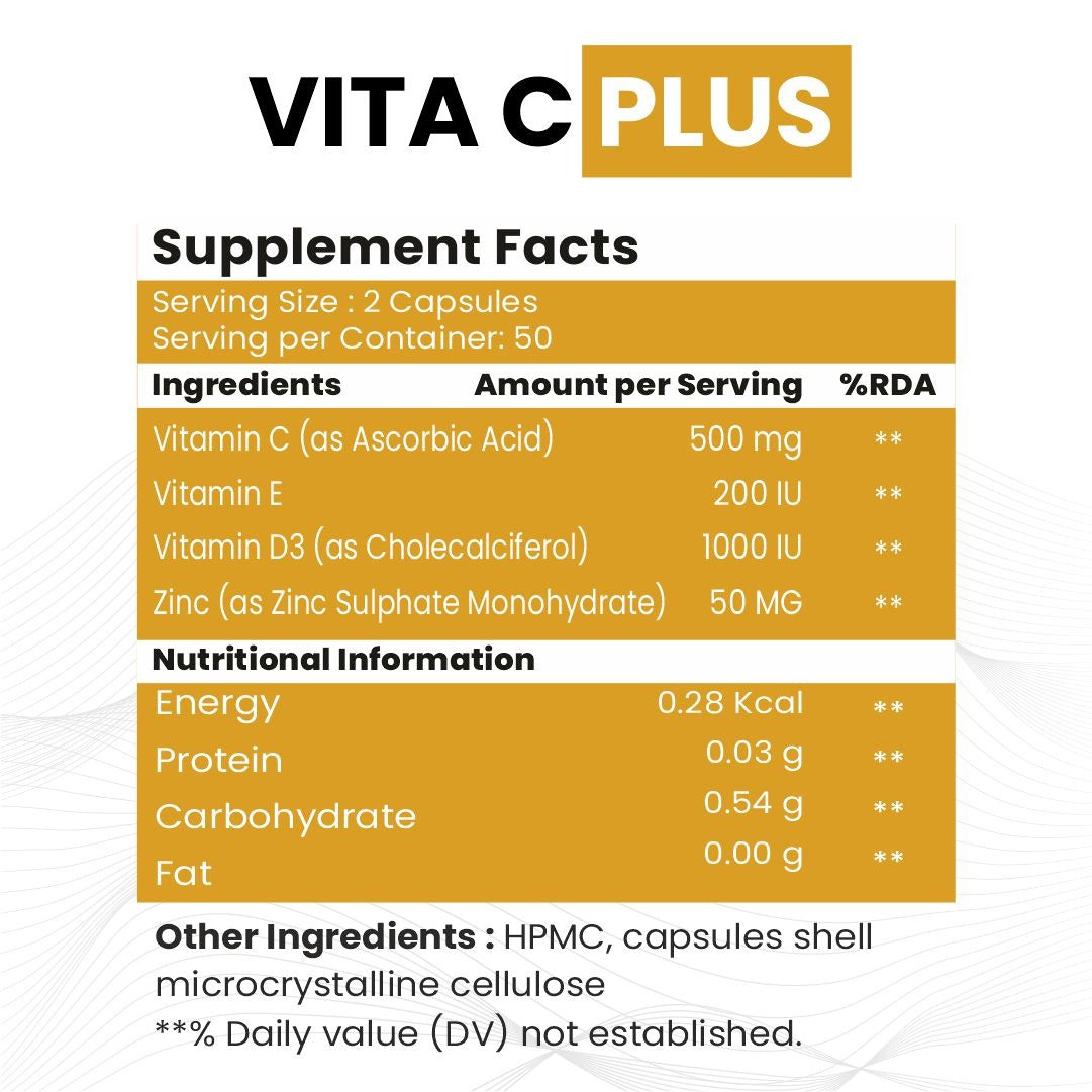 Raskam Vita C Plus - 100 Capsules - Antioxidant & Immune Support - Overall Health - Skin Anti-Ageing -Supports Healthy Skin & Joints