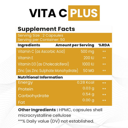 Raskam Vita C Plus - 100 Capsules - Antioxidant & Immune Support - Overall Health - Skin Anti-Ageing -Supports Healthy Skin & Joints