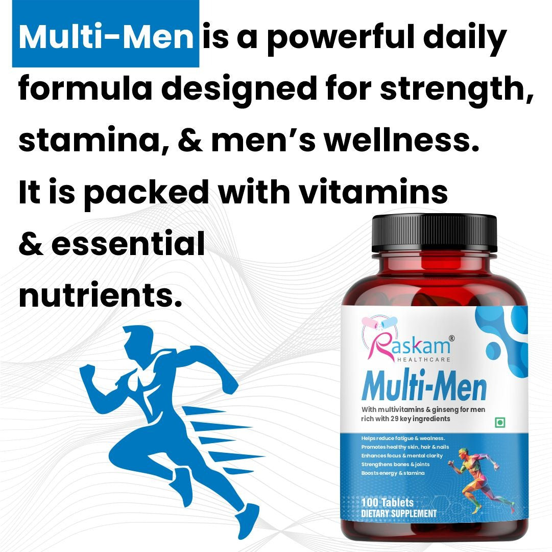 Raskam Multi Men - 100 Tablets-No.1 Multivitamin for Men with Panax Ginseng, Gingko Biloba & 29 vital Nutrients for Overall Health, Vitality , Strong Bones & Immunity
