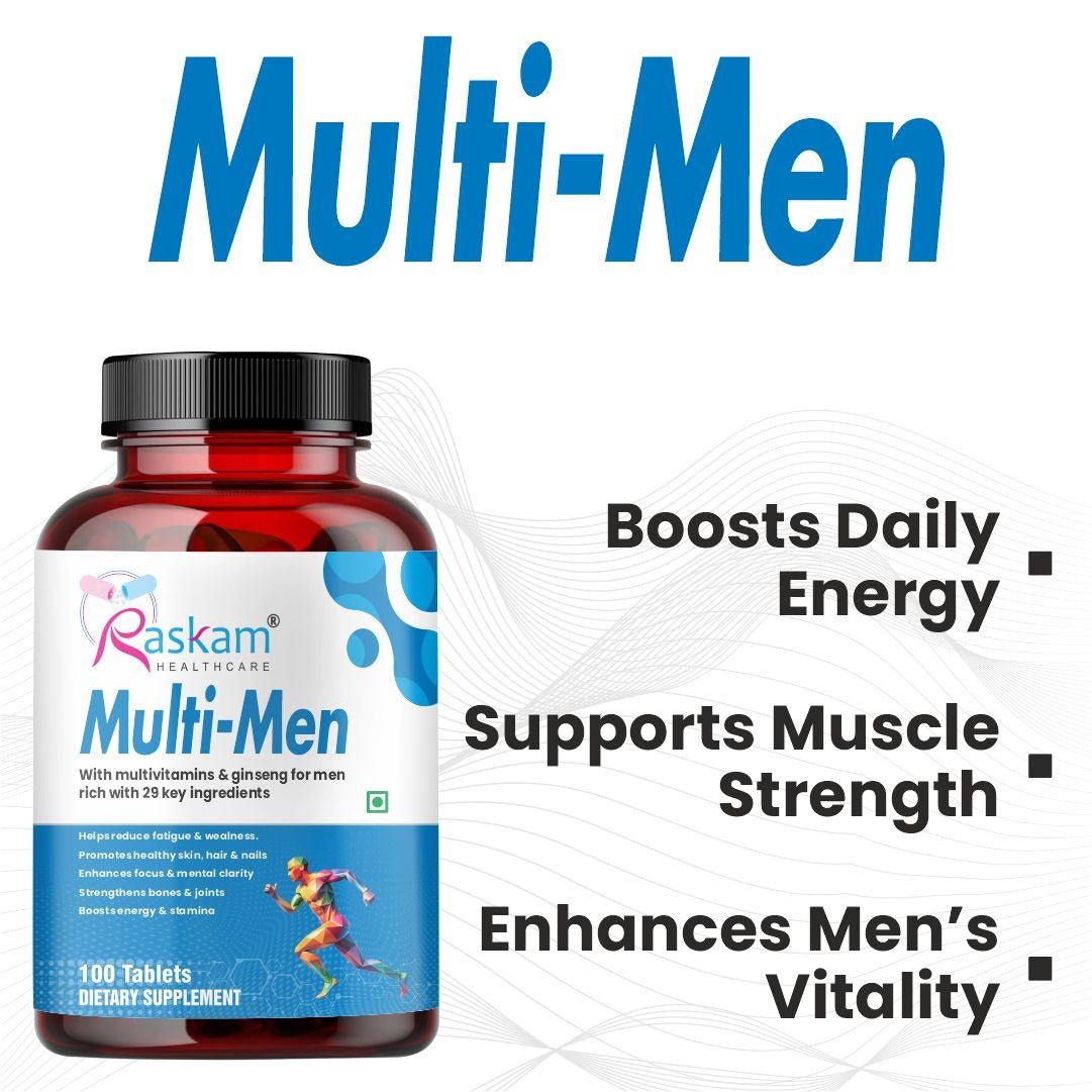 Raskam Multi Men - 100 Tablets-No.1 Multivitamin for Men with Panax Ginseng, Gingko Biloba & 29 vital Nutrients for Overall Health, Vitality , Strong Bones & Immunity