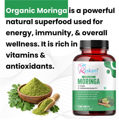 Raskam Organic Moringa Tablet with 1200mg moringa Leaves Extract | Moringa Powder Tablets for Immunity, Digestion & Energy | Moringa Leaves 120 Tablets