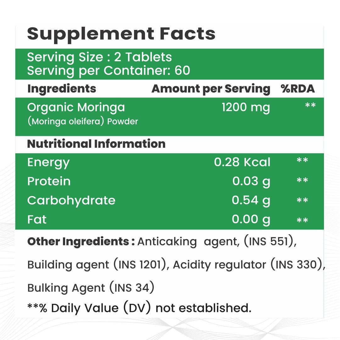 Raskam Organic Moringa Tablet with 1200mg moringa Leaves Extract | Moringa Powder Tablets for Immunity, Digestion & Energy | Moringa Leaves 120 Tablets
