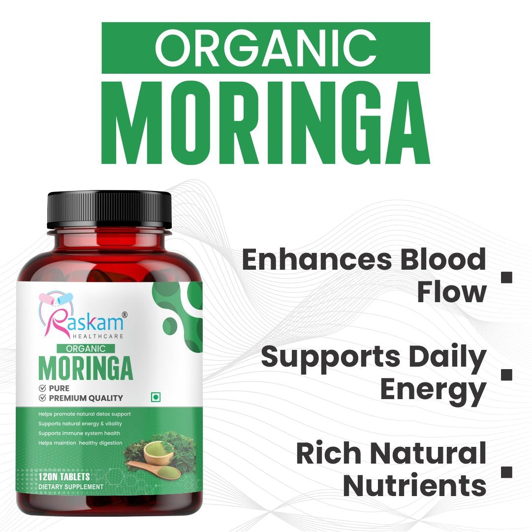 Raskam Organic Moringa Tablet with 1200mg moringa Leaves Extract | Moringa Powder Tablets for Immunity, Digestion & Energy | Moringa Leaves 120 Tablets