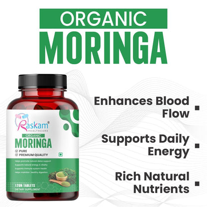 Raskam Organic Moringa Tablet with 1200mg moringa Leaves Extract | Moringa Powder Tablets for Immunity, Digestion & Energy | Moringa Leaves 120 Tablets