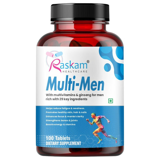 Raskam Multi Men - 100 Tablets-No.1 Multivitamin for Men with Panax Ginseng, Gingko Biloba & 29 vital Nutrients for Overall Health, Vitality , Strong Bones & Immunity