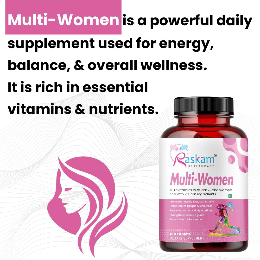 Raskam Multi Women - 100 Tablets-No.1 Multivitamin for Women with Biotin, Vitamin C & 29 vital Nutrients for Overall Health, Radiance, Strong Bones & Immunity