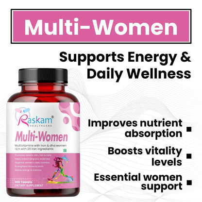 Raskam Multi Women - 100 Tablets-No.1 Multivitamin for Women with Biotin, Vitamin C & 29 vital Nutrients for Overall Health, Radiance, Strong Bones & Immunity
