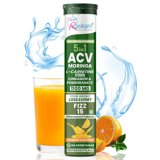 Raskam ACV Moringa 5 in 1 formula Effervescent Tablets Helps To Turn Fat Into Energy | With Carnitine, Pomegranate & Cinnamon | Supports Fat Burn | Weight Loss Drink for Women, Men | No Added Sugar | Orange Flavor | 15 Fizz Tablets (1100mg)