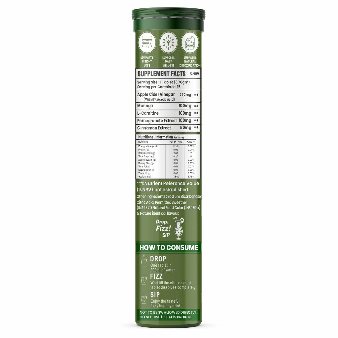 Raskam ACV Moringa 5 in 1 formula Effervescent Tablets Helps To Turn Fat Into Energy | With Carnitine, Pomegranate & Cinnamon | Supports Fat Burn | Weight Loss Drink for Women, Men | No Added Sugar | Orange Flavor | 15 Fizz Tablets (1100mg)