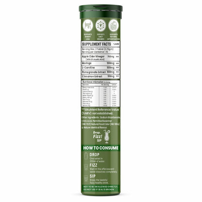 Raskam ACV Moringa 5 in 1 formula Effervescent Tablets Helps To Turn Fat Into Energy | With Carnitine, Pomegranate & Cinnamon | Supports Fat Burn | Weight Loss Drink for Women, Men | No Added Sugar | Orange Flavor | 15 Fizz Tablets (1100mg)