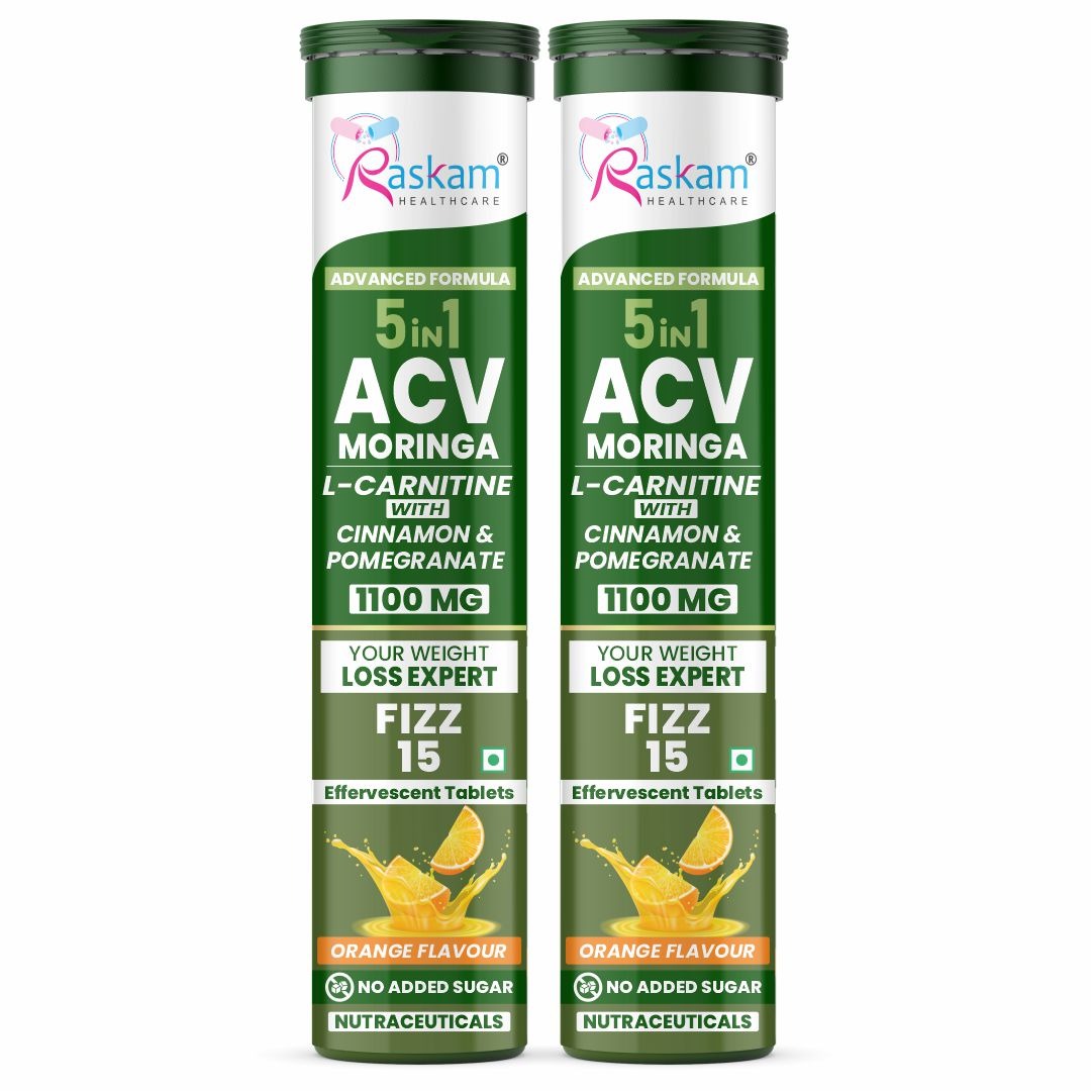 Raskam ACV Moringa 5 in 1 formula Effervescent Tablets Helps To Turn Fat Into Energy | With Carnitine, Pomegranate & Cinnamon | Supports Fat Burn | Weight Loss Drink for Women, Men | No Added Sugar | Orange Flavor | 15 Fizz Tablets (1100mg)
