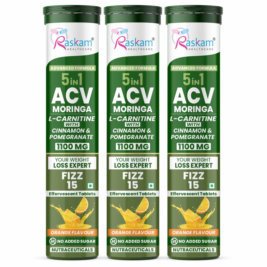 Raskam ACV Moringa 5 in 1 formula Effervescent Tablets Helps To Turn Fat Into Energy | With Carnitine, Pomegranate & Cinnamon | Supports Fat Burn | Weight Loss Drink for Women, Men | No Added Sugar | Orange Flavor | 15 Fizz Tablets (1100mg)