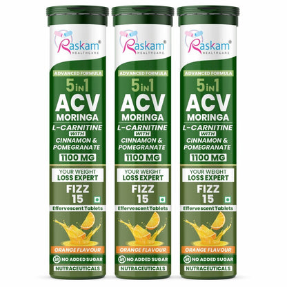 Raskam ACV Moringa 5 in 1 formula Effervescent Tablets Helps To Turn Fat Into Energy | With Carnitine, Pomegranate & Cinnamon | Supports Fat Burn | Weight Loss Drink for Women, Men | No Added Sugar | Orange Flavor | 15 Fizz Tablets (1100mg)