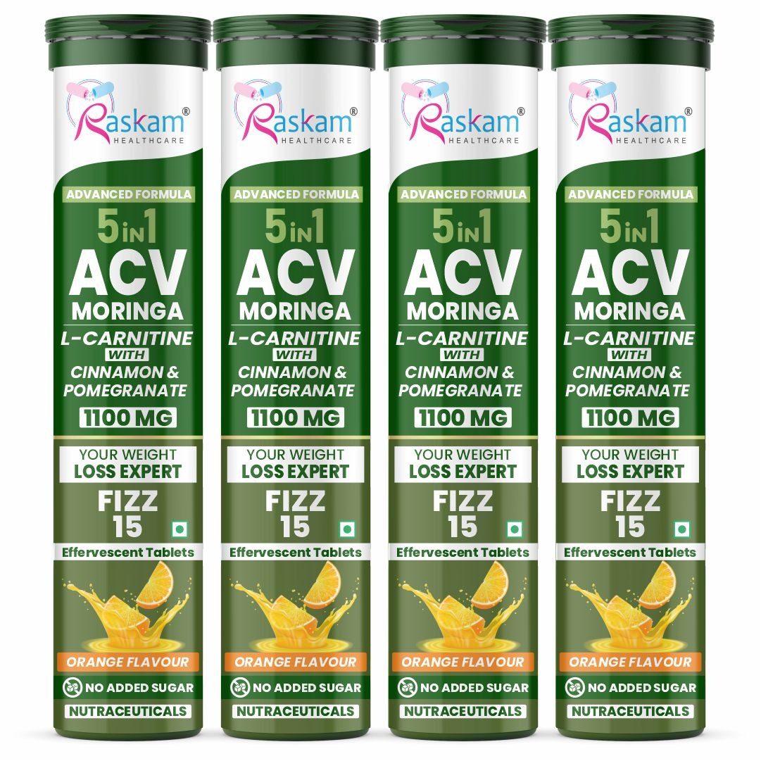 Raskam ACV Moringa 5 in 1 formula Effervescent Tablets Helps To Turn Fat Into Energy | With Carnitine, Pomegranate & Cinnamon | Supports Fat Burn | Weight Loss Drink for Women, Men | No Added Sugar | Orange Flavor | 15 Fizz Tablets (1100mg)