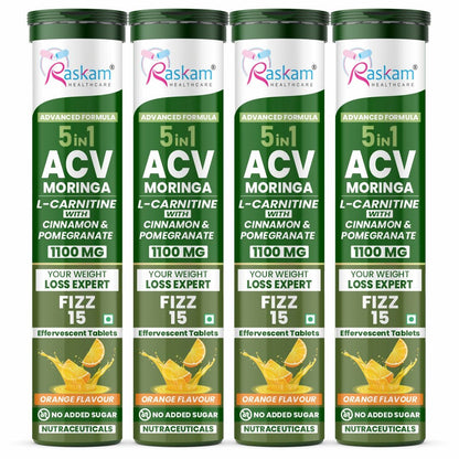 Raskam ACV Moringa 5 in 1 formula Effervescent Tablets Helps To Turn Fat Into Energy | With Carnitine, Pomegranate & Cinnamon | Supports Fat Burn | Weight Loss Drink for Women, Men | No Added Sugar | Orange Flavor | 15 Fizz Tablets (1100mg)