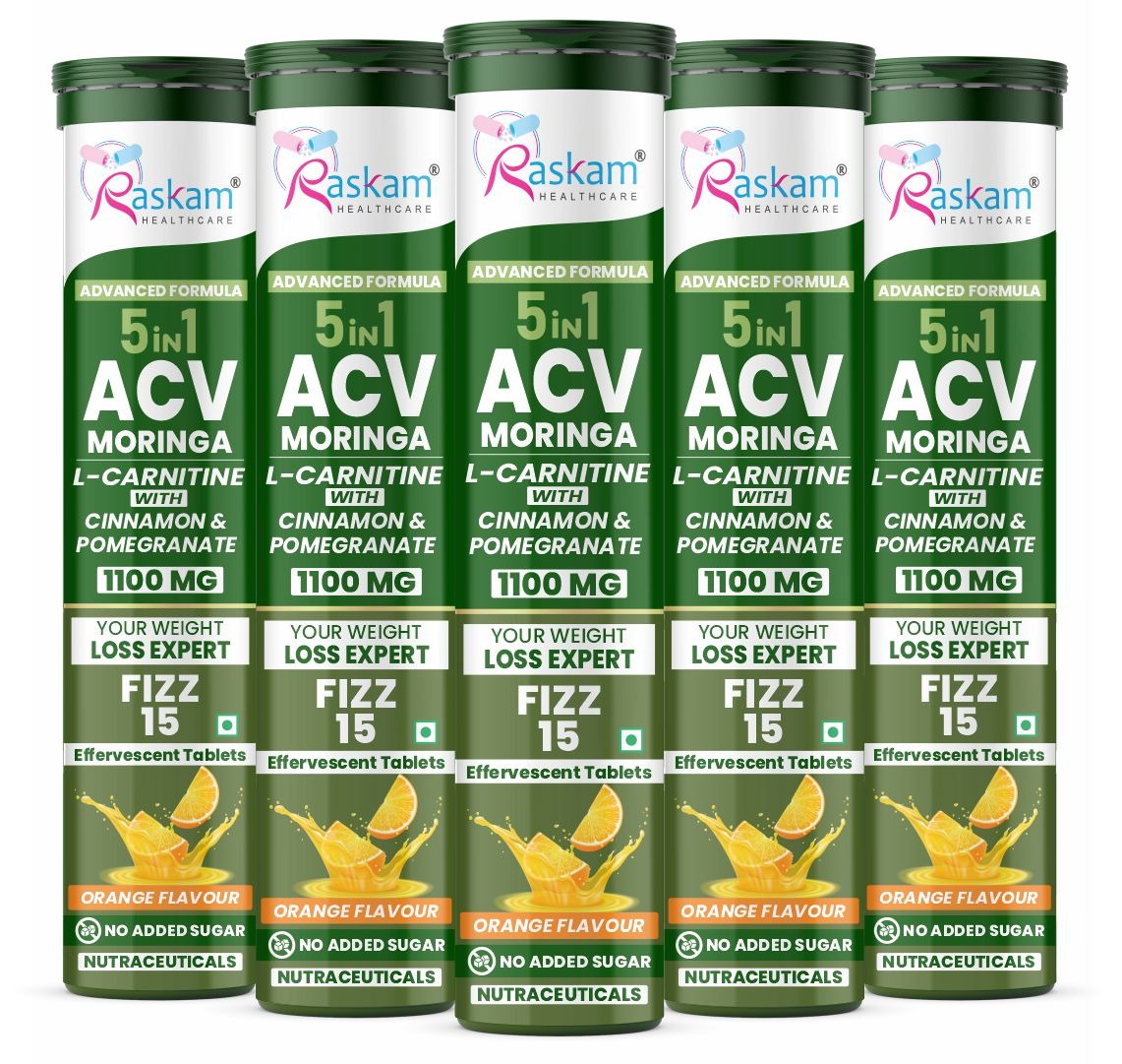 Raskam ACV Moringa 5 in 1 formula Effervescent Tablets Helps To Turn Fat Into Energy | With Carnitine, Pomegranate & Cinnamon | Supports Fat Burn | Weight Loss Drink for Women, Men | No Added Sugar | Orange Flavor | 15 Fizz Tablets (1100mg)