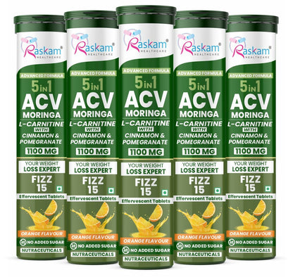 Raskam ACV Moringa 5 in 1 formula Effervescent Tablets Helps To Turn Fat Into Energy | With Carnitine, Pomegranate & Cinnamon | Supports Fat Burn | Weight Loss Drink for Women, Men | No Added Sugar | Orange Flavor | 15 Fizz Tablets (1100mg)